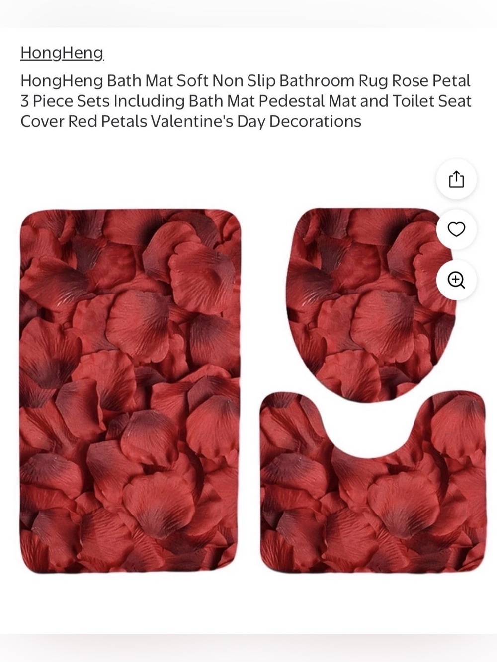 HongHeng Red Rose Petal 3-Piece Bathroom Rug Set